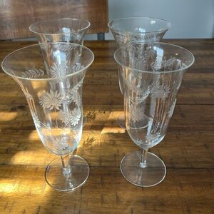 Vintage Etched Floral Iced Tea Footed Tumblers Set of 4